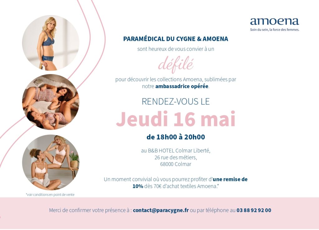 Invitation spéciale : découvrez notre défilé de lingerie pour femme avec Amoena & Paramédical du Cygne. Ne manquez pas cet événement exclusif !
